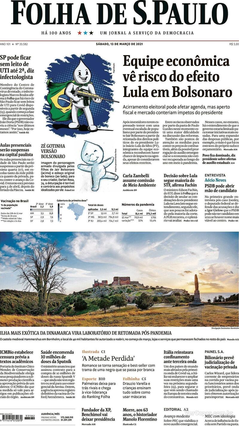 Capa do jornal Folha de S.Paulo 13/03/2021