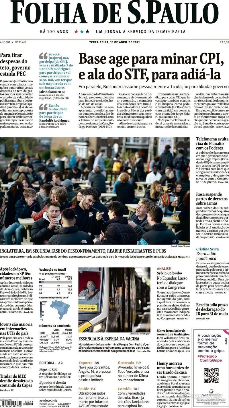 Capa do jornal Folha de S.Paulo 13/04/2021
