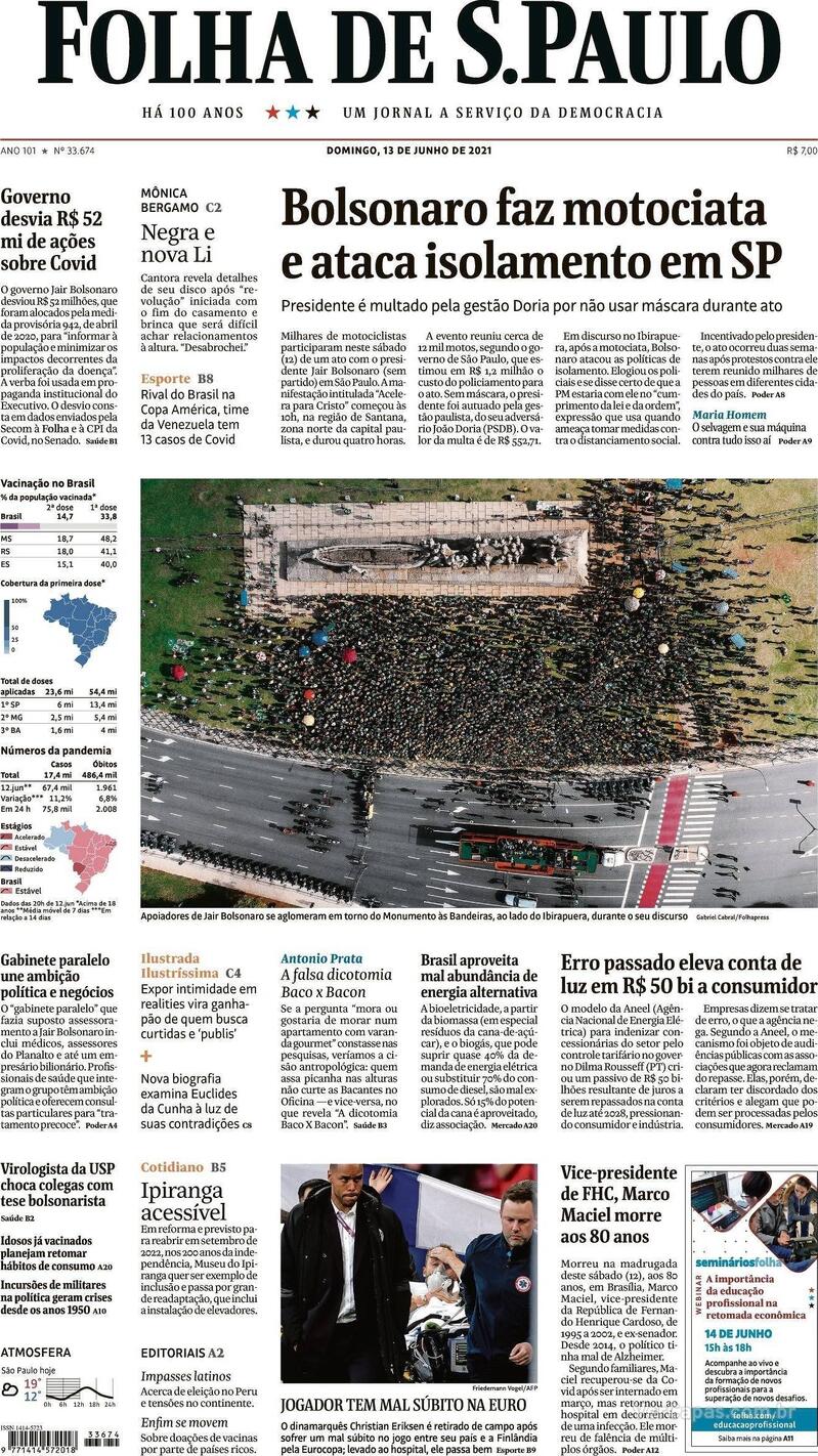 Capa do jornal Folha de S.Paulo 13/06/2021