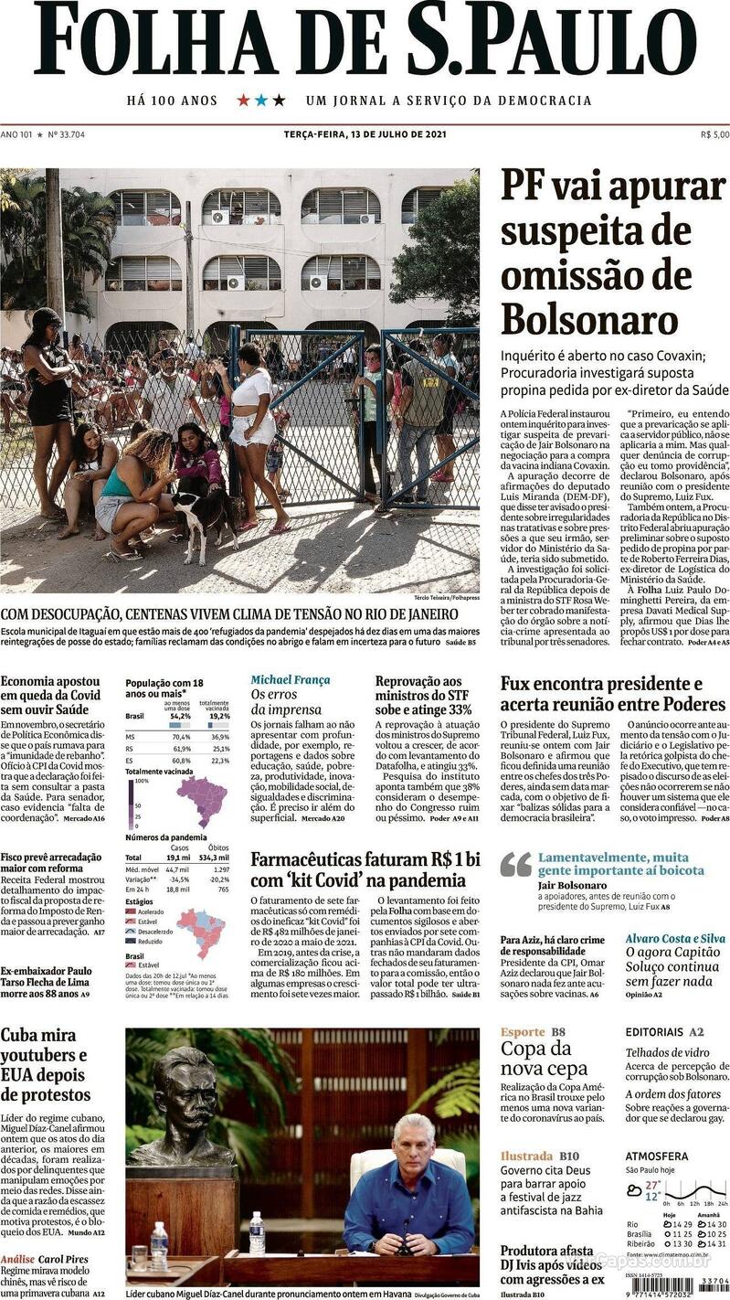 Capa do jornal Folha de S.Paulo 13/07/2021