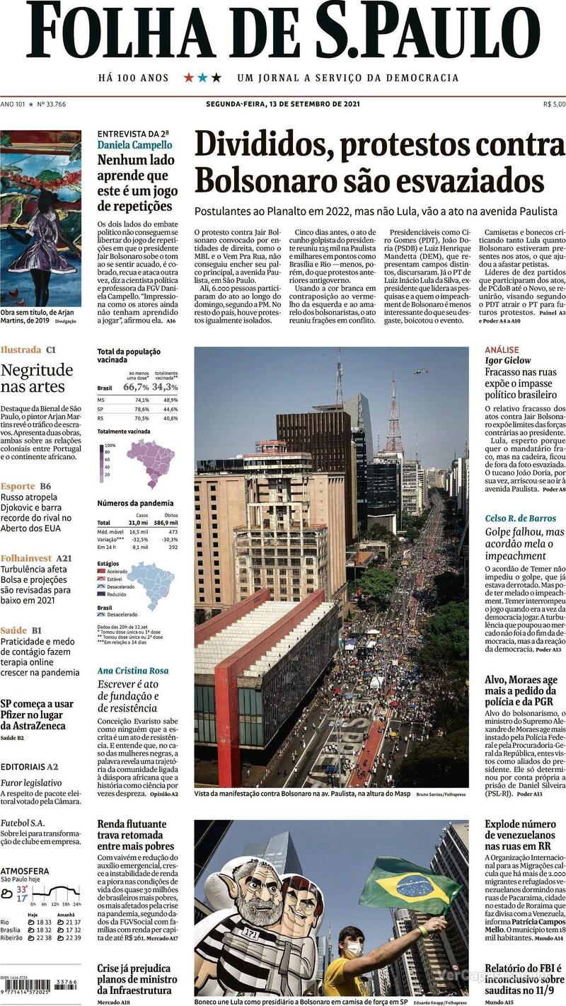 Capa do jornal Folha de S.Paulo 13/09/2021