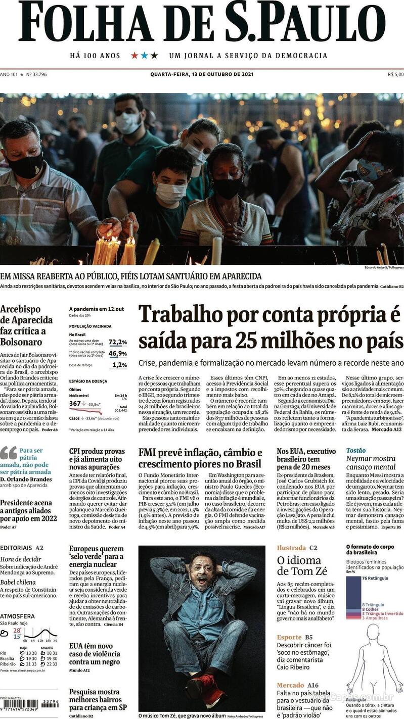 Capa do jornal Folha de S.Paulo 13/10/2021