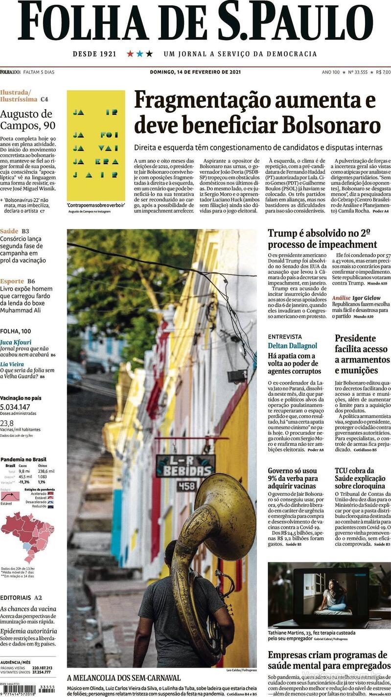 Capa do jornal Folha de S.Paulo 14/02/2021