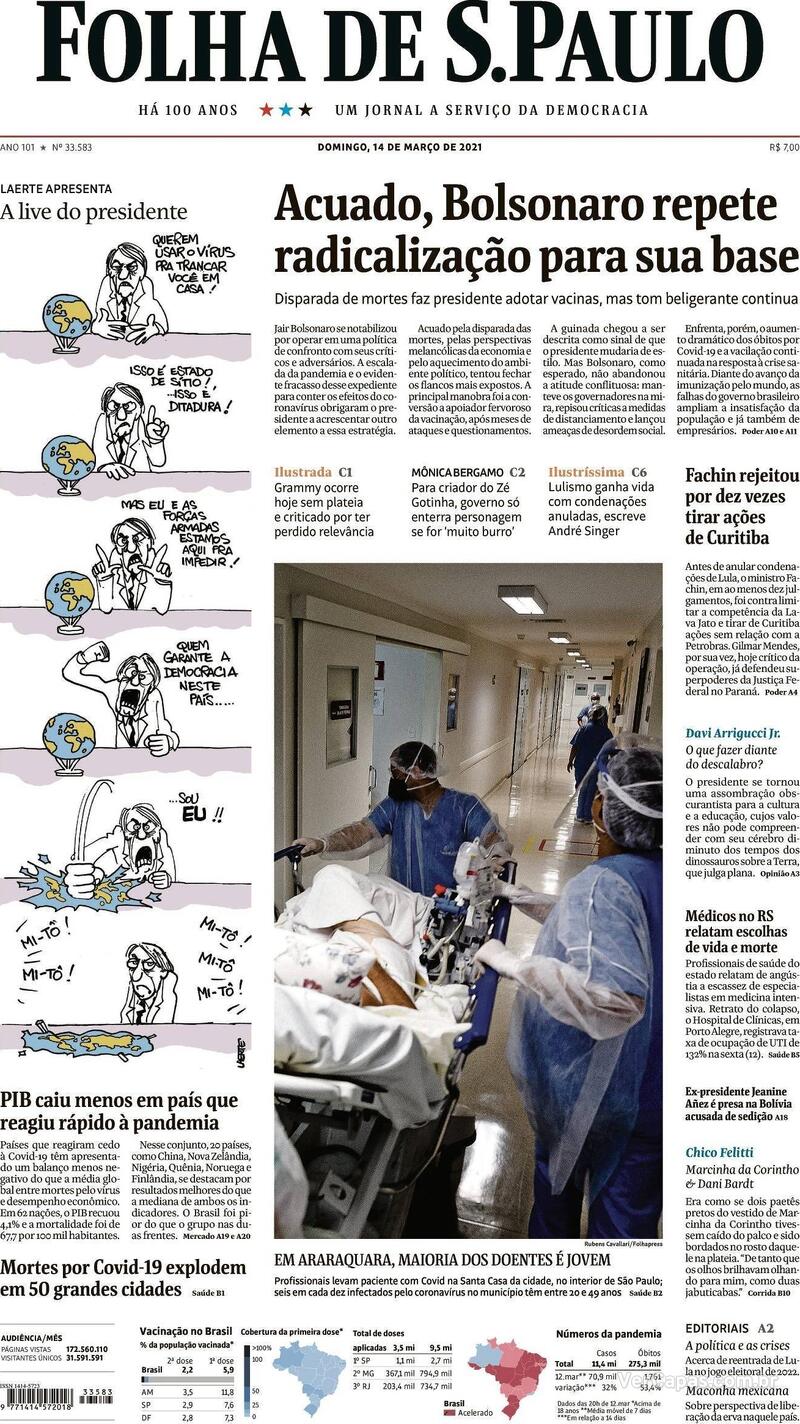 Capa do jornal Folha de S.Paulo 14/03/2021