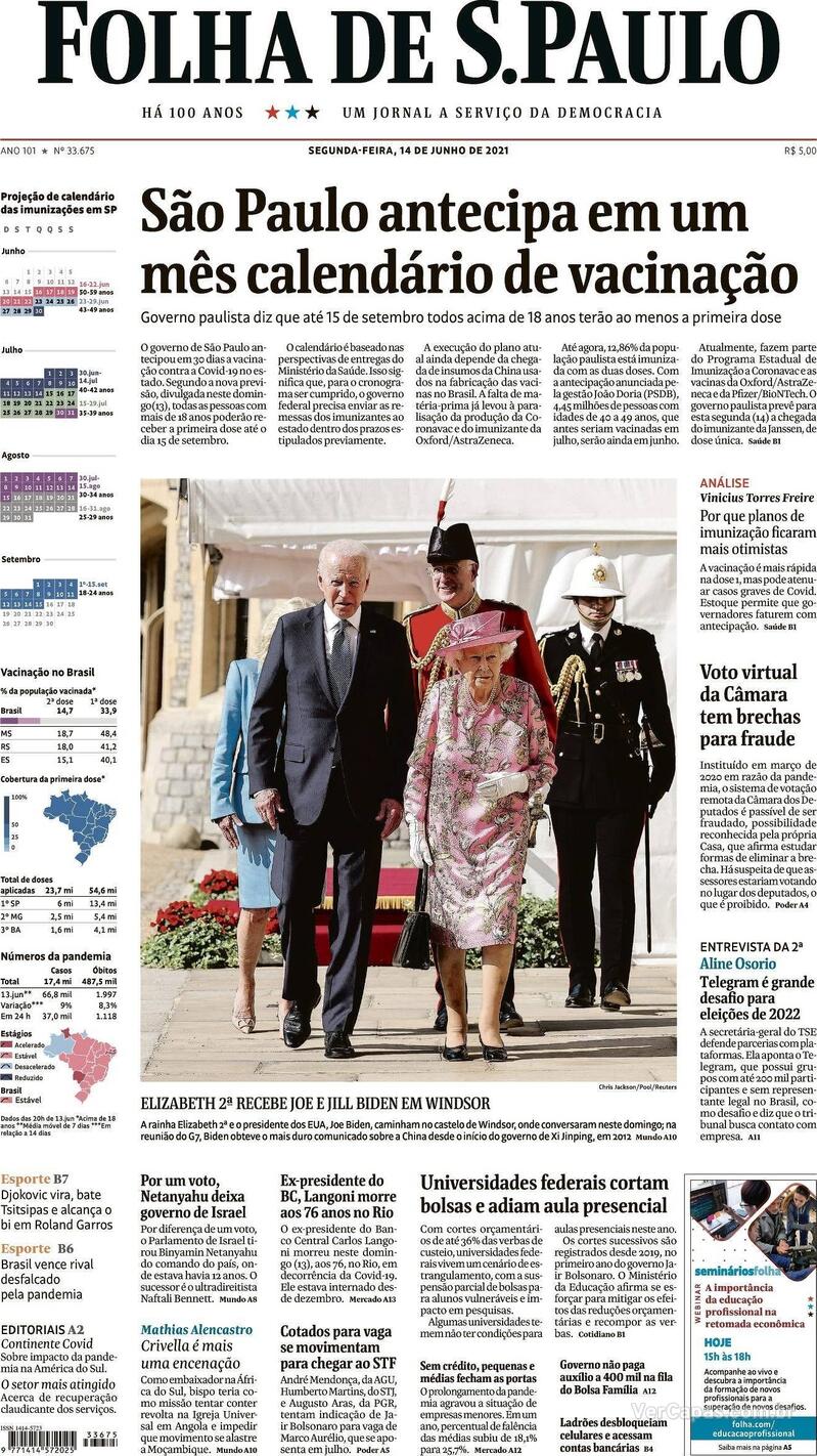 Capa do jornal Folha de S.Paulo 14/06/2021