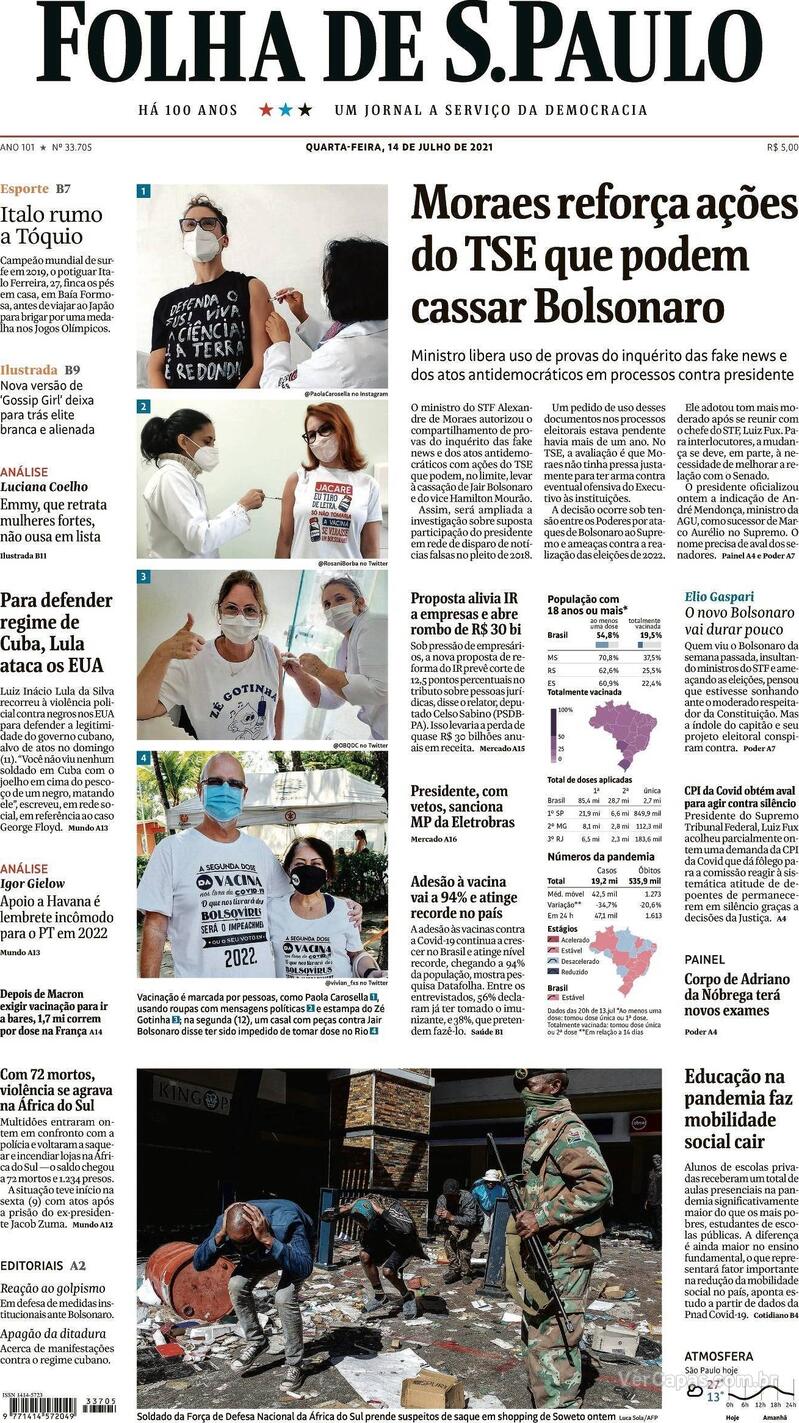 Capa do jornal Folha de S.Paulo 14/07/2021