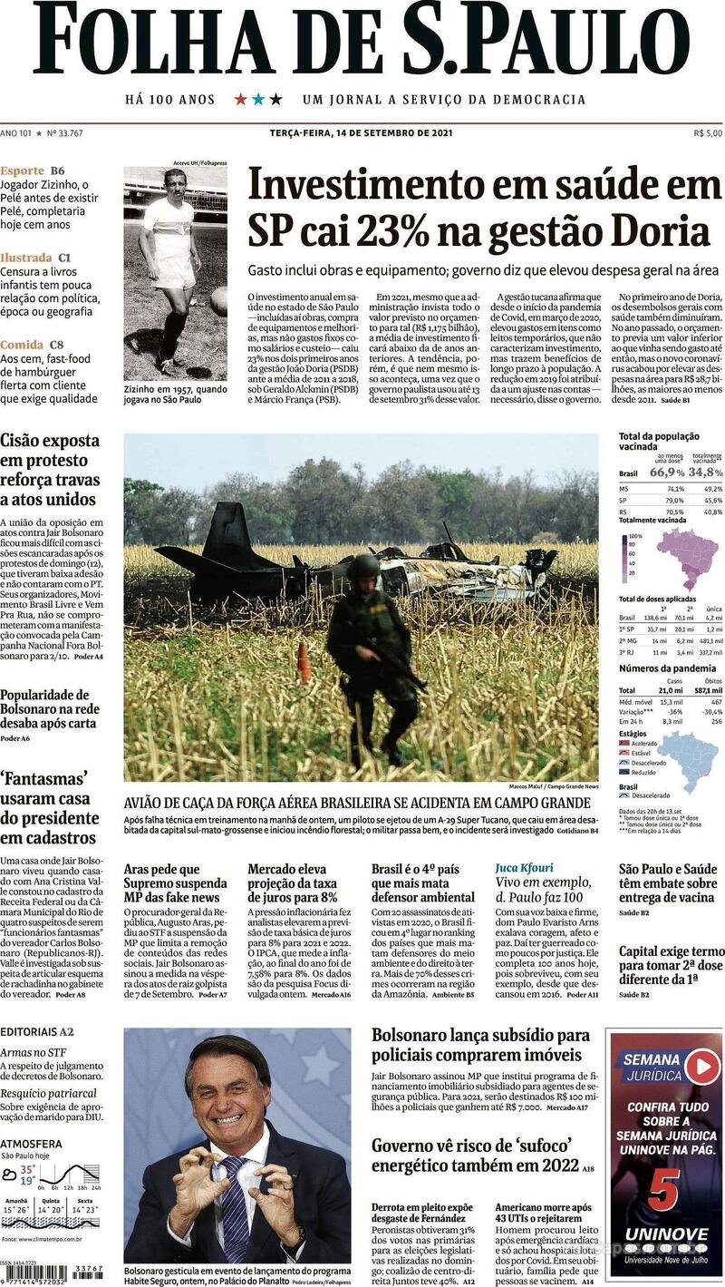 Capa do jornal Folha de S.Paulo 14/09/2021