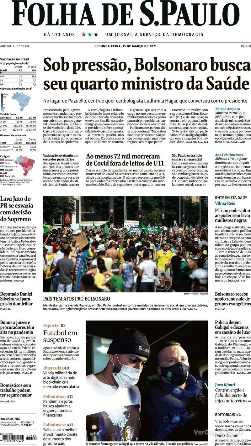 Capa do jornal Folha de S.Paulo 15/03/2021