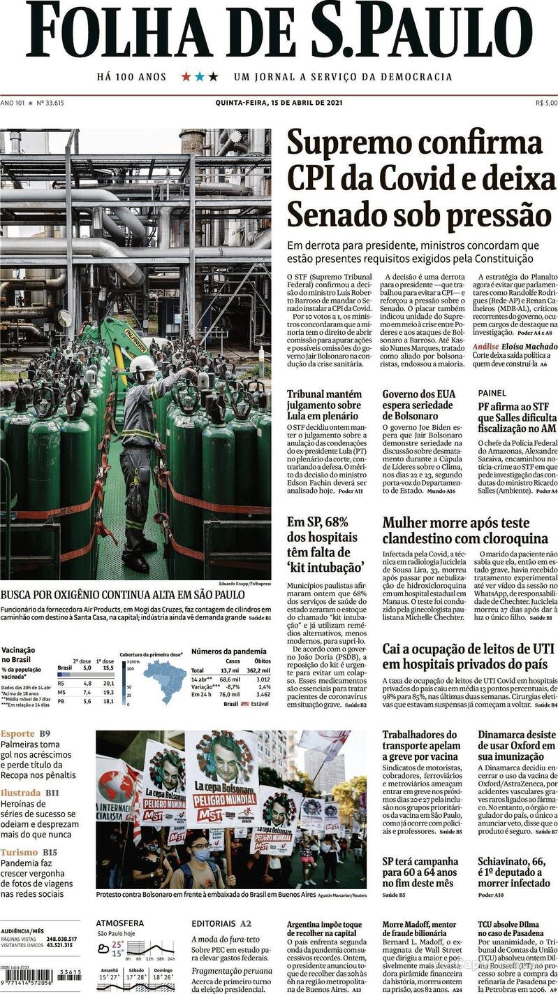 Capa do jornal Folha de S.Paulo 15/04/2021
