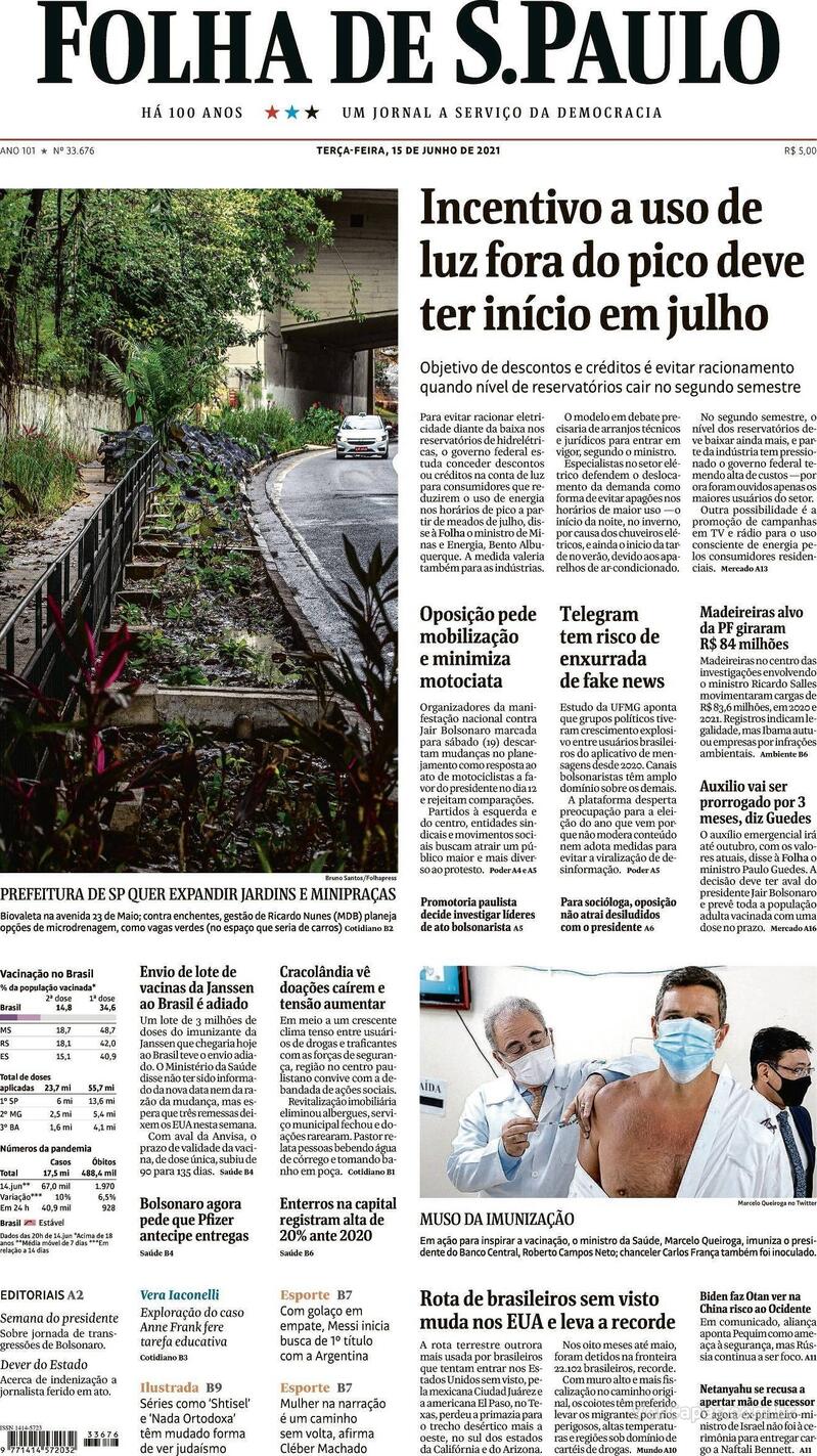 Capa do jornal Folha de S.Paulo 15/06/2021