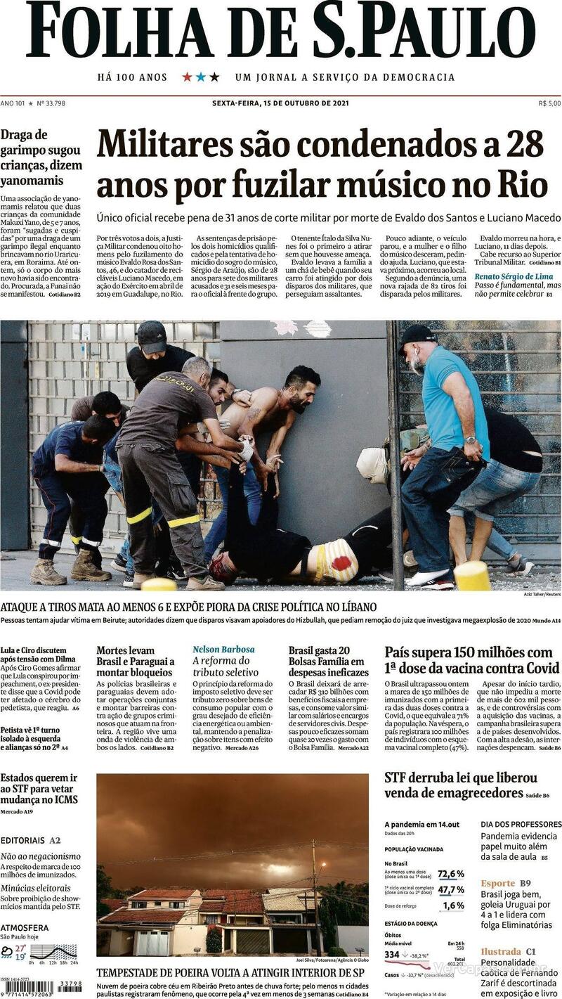 Capa do jornal Folha de S.Paulo 15/10/2021
