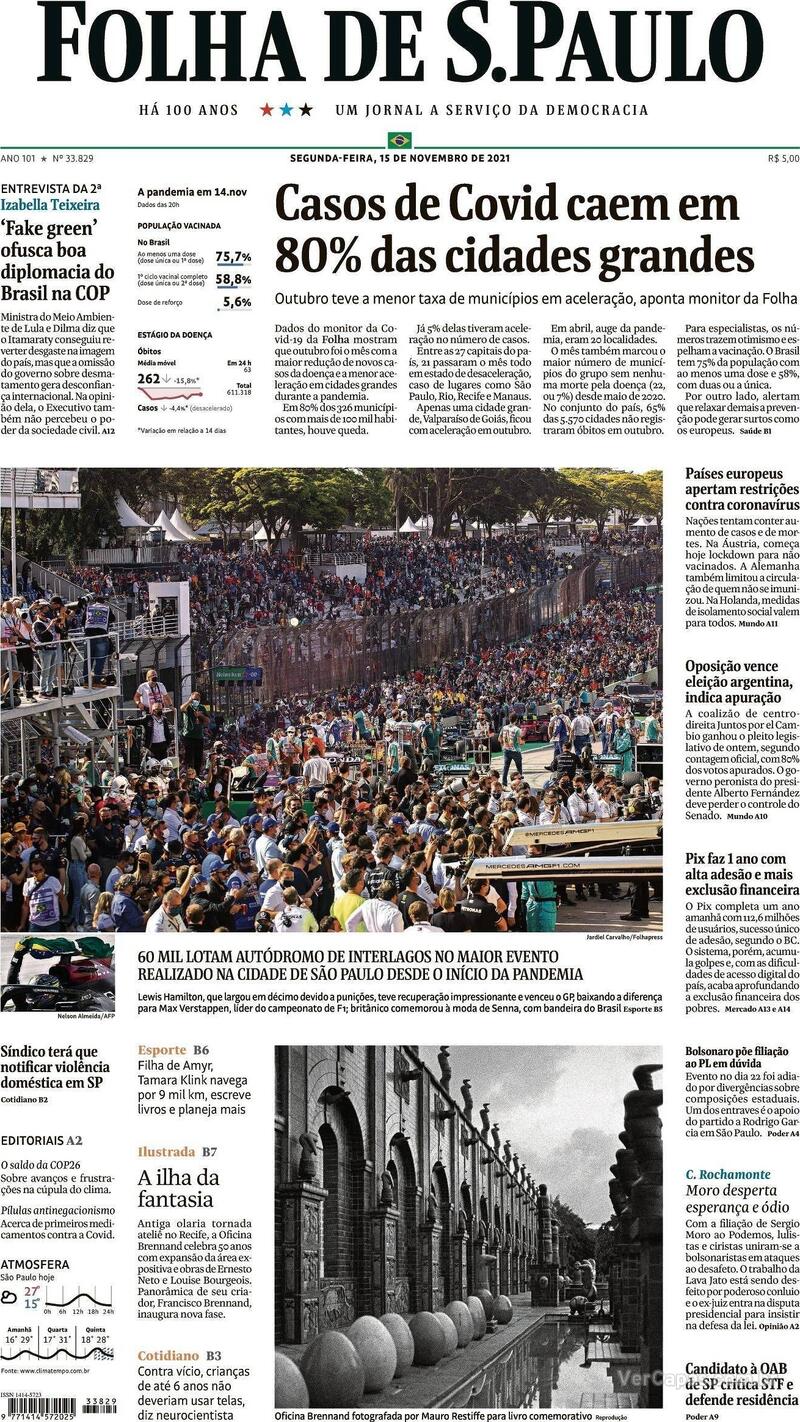 Capa do jornal Folha de S.Paulo 15/11/2021