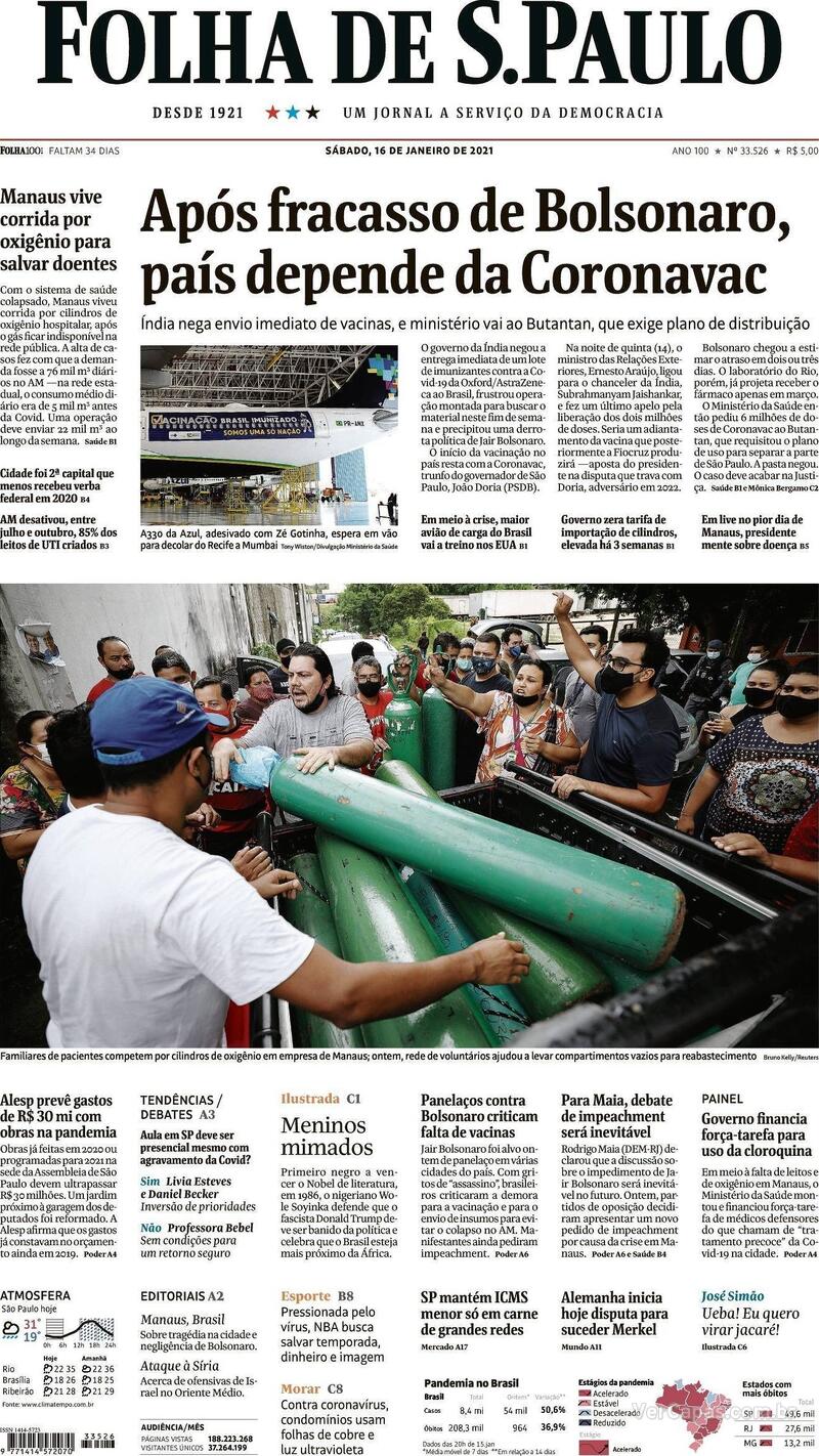 Capa do jornal Folha de S.Paulo 16/01/2021