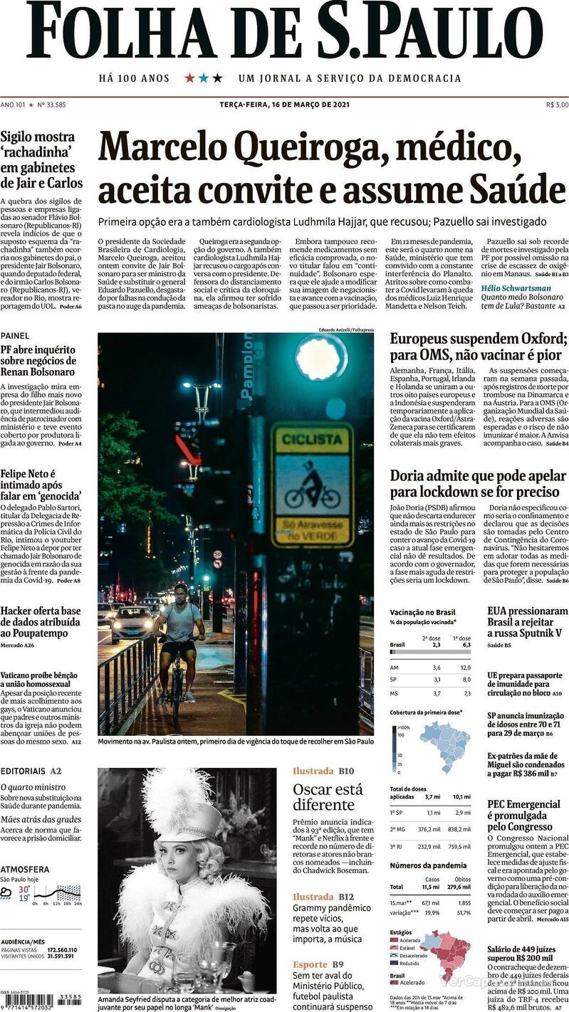 Capa do jornal Folha de S.Paulo 16/03/2021