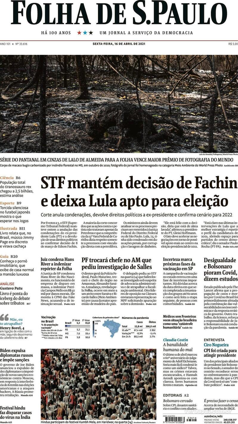 Capa do jornal Folha de S.Paulo 16/04/2021