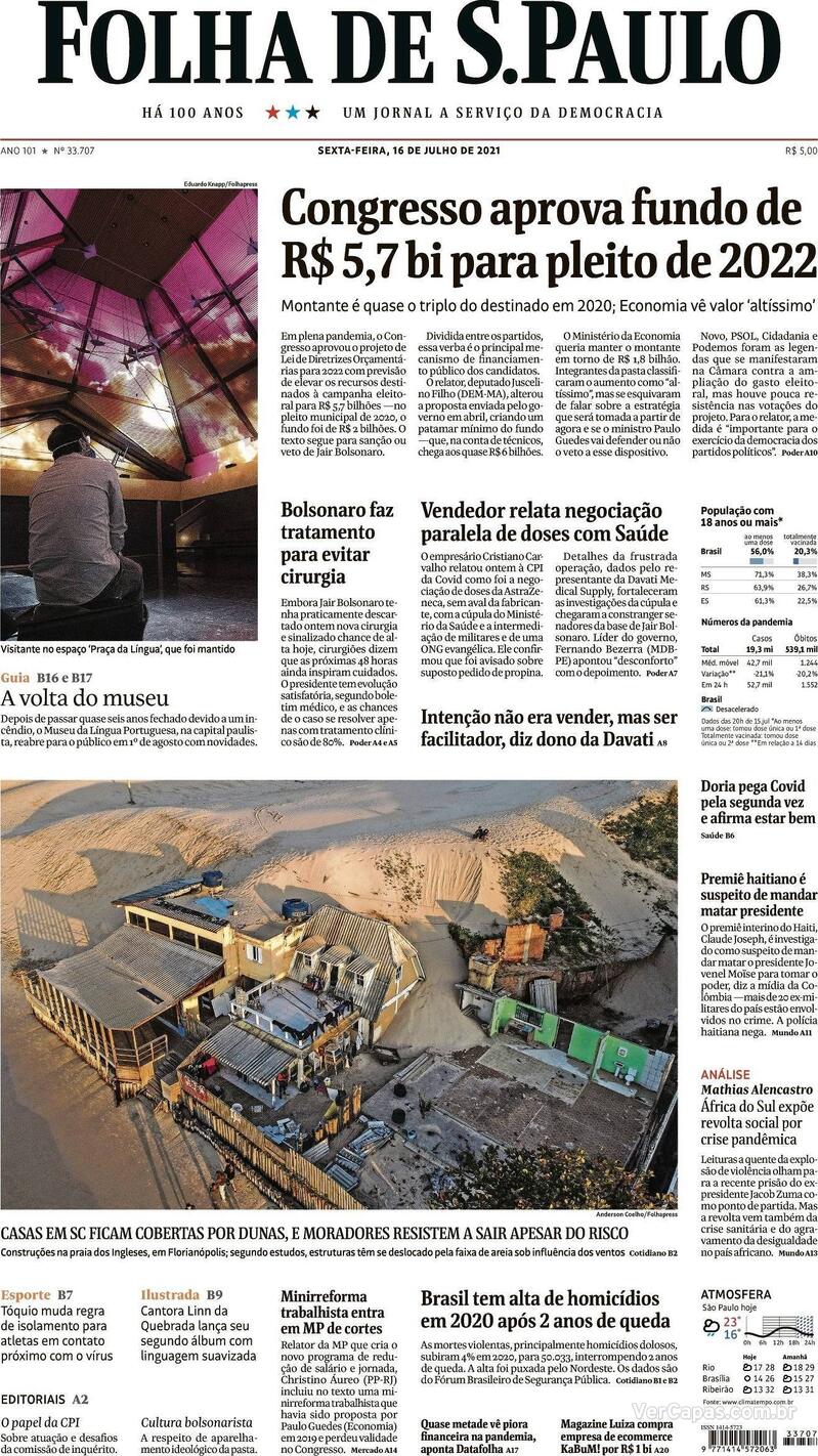 Capa do jornal Folha de S.Paulo 16/07/2021