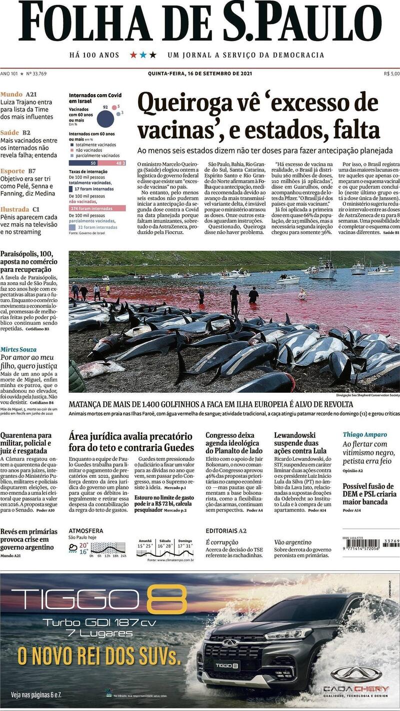 Capa do jornal Folha de S.Paulo 16/09/2021