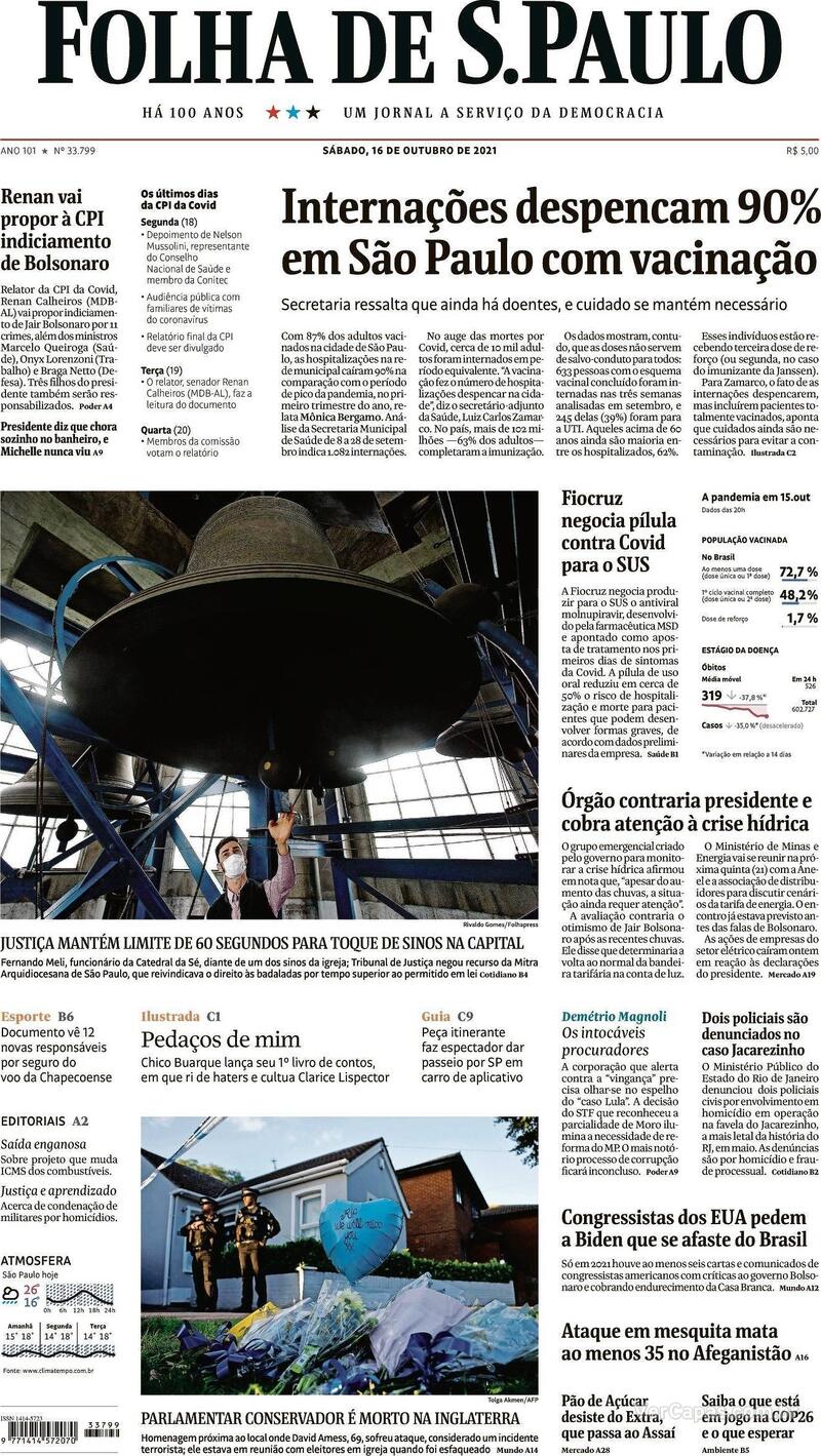 Capa do jornal Folha de S.Paulo 16/10/2021