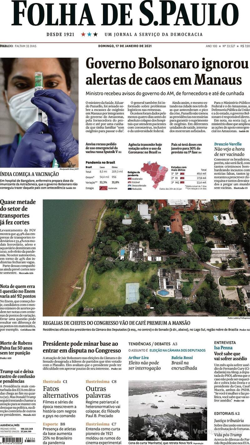 Capa do jornal Folha de S.Paulo 17/01/2021