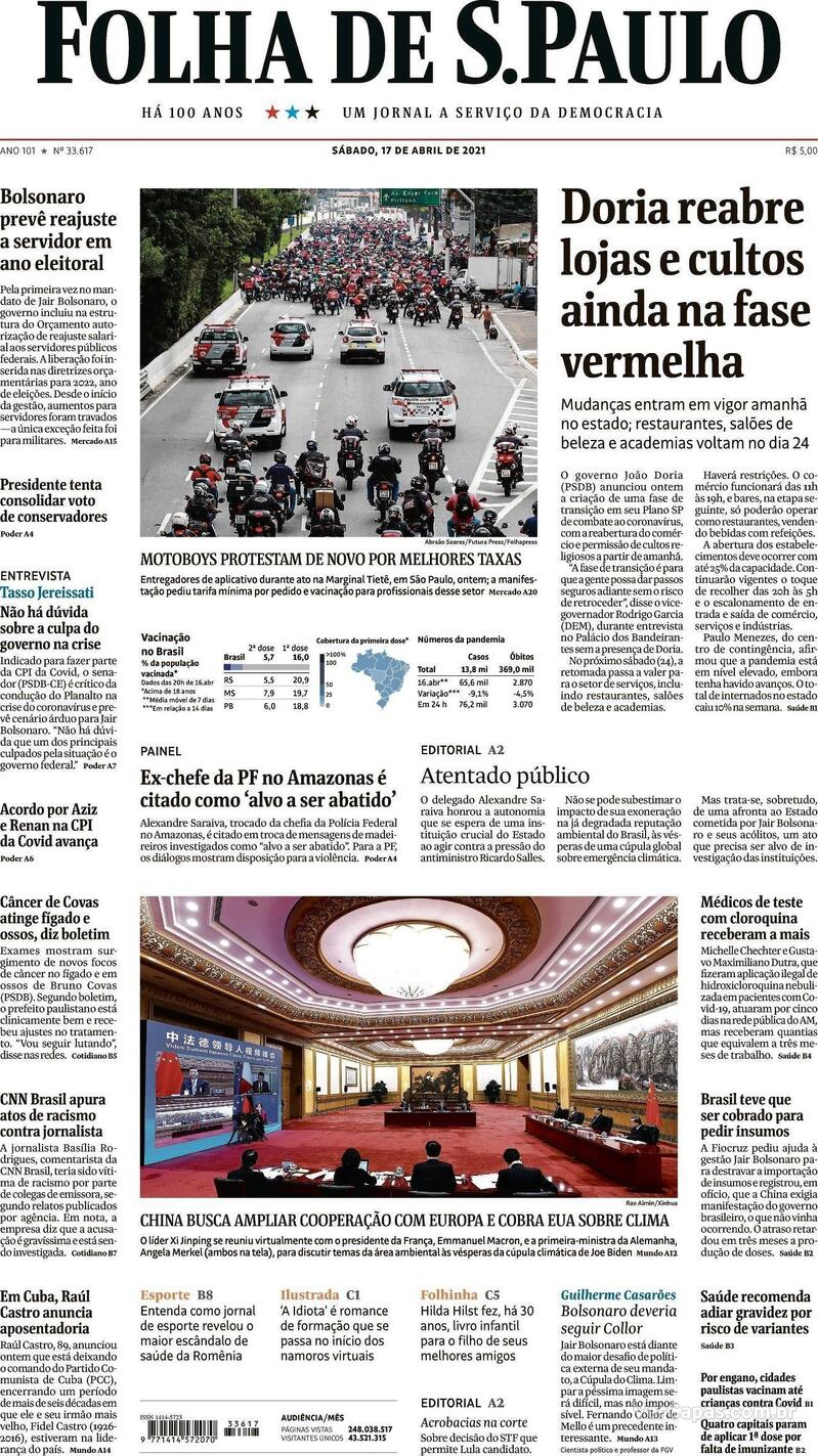 Capa do jornal Folha de S.Paulo 17/04/2021