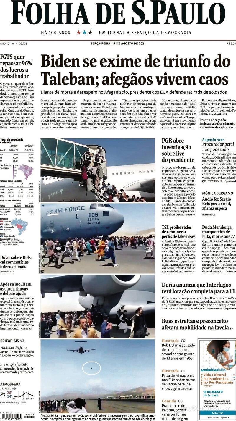Capa do jornal Folha de S.Paulo 17/08/2021