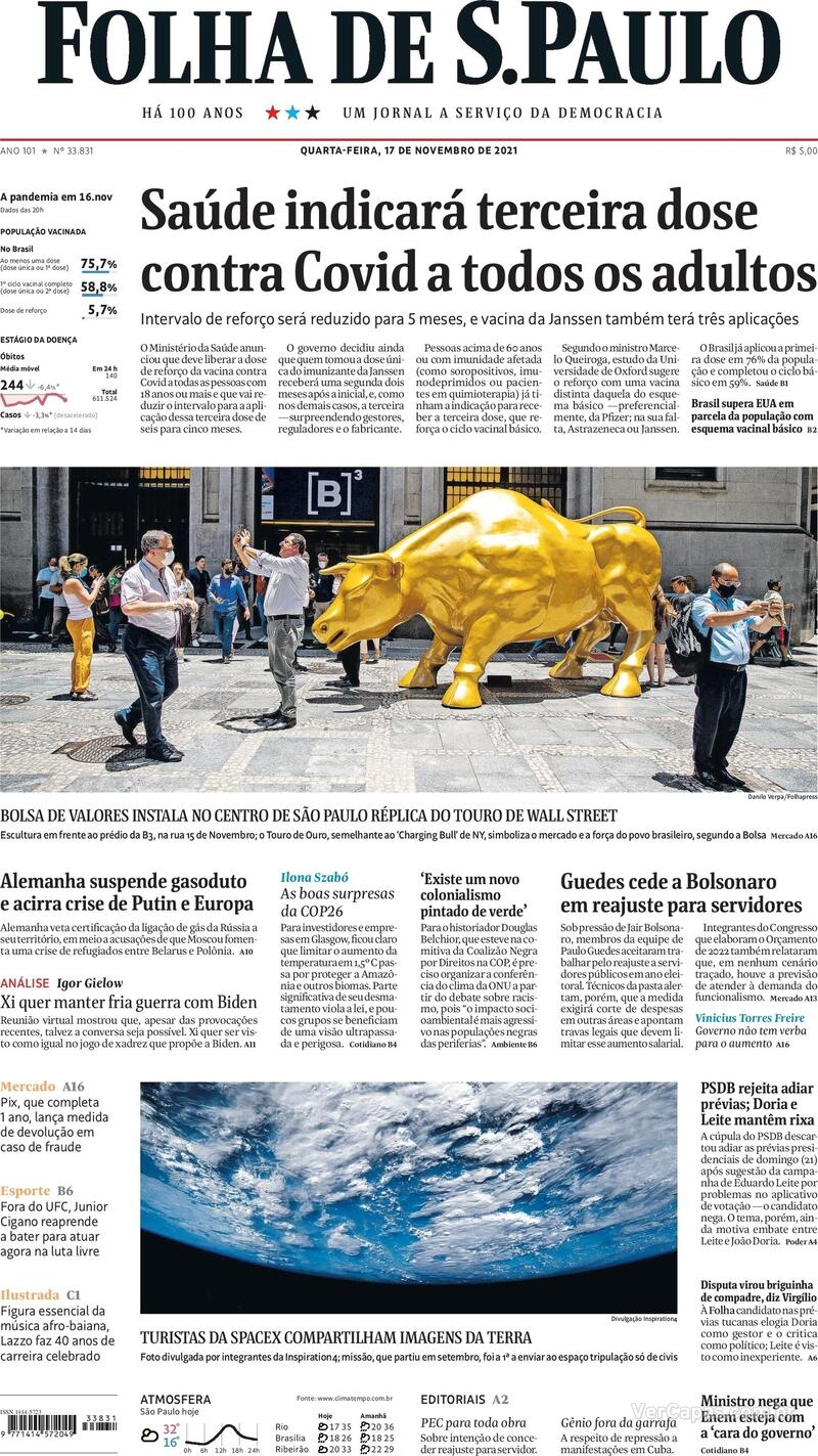 Capa do jornal Folha de S.Paulo 17/11/2021