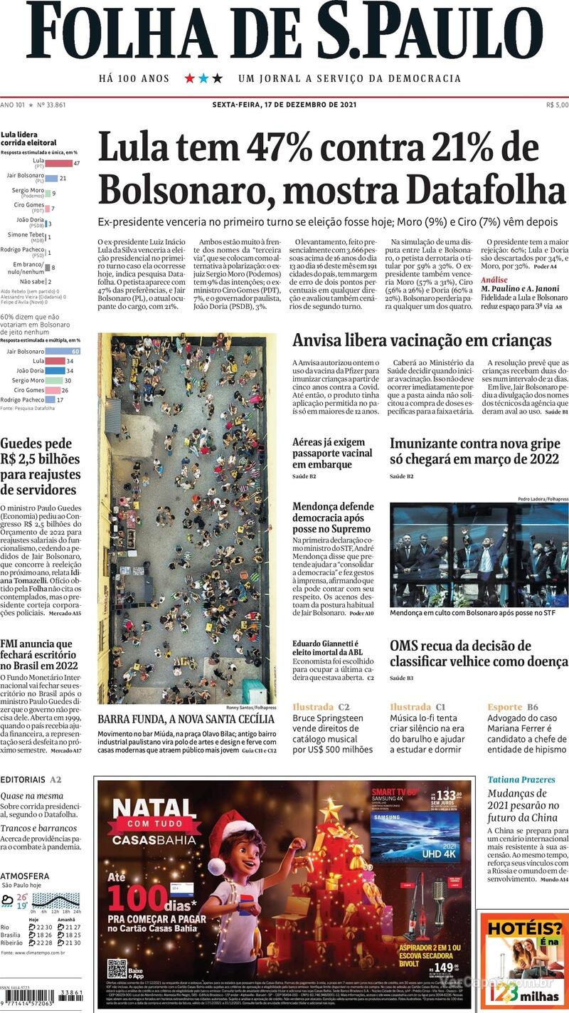 Capa do jornal Folha de S.Paulo 17/12/2021