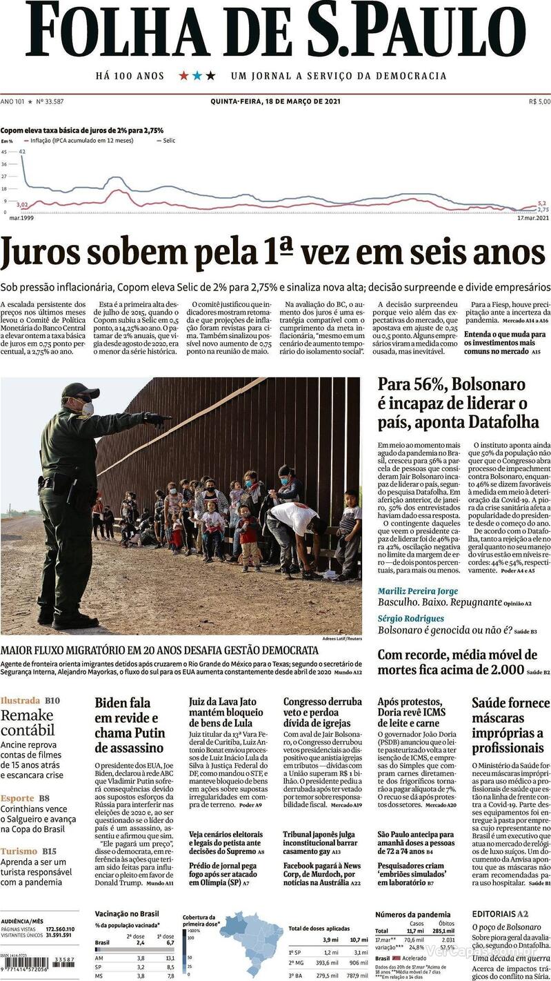 Capa do jornal Folha de S.Paulo 18/03/2021