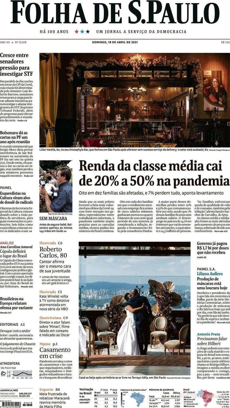 Capa do jornal Folha de S.Paulo 18/04/2021
