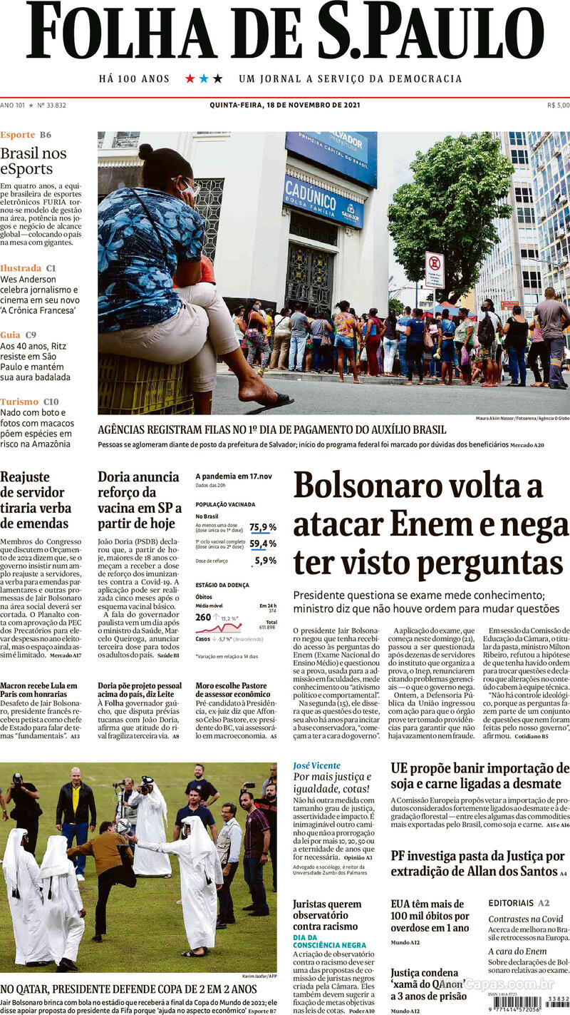 Capa do jornal Folha de S.Paulo 18/11/2021