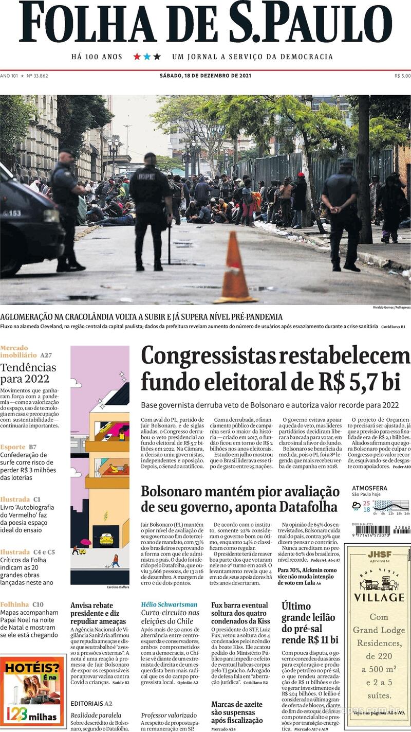 Capa do jornal Folha de S.Paulo 18/12/2021