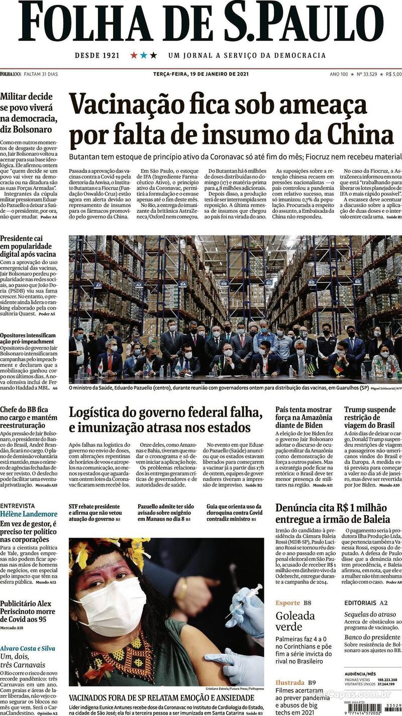 Capa do jornal Folha de S.Paulo 19/01/2021