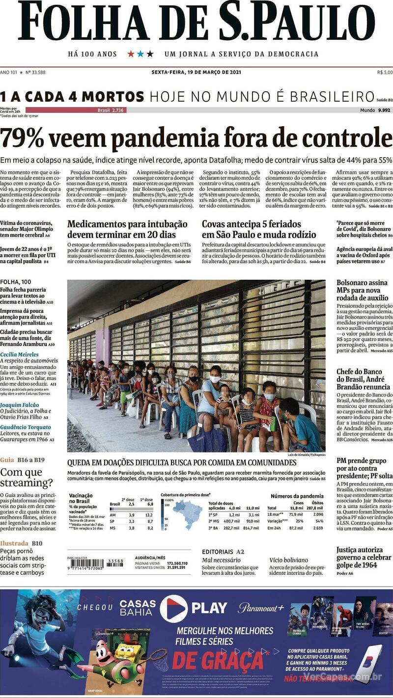 Capa do jornal Folha de S.Paulo 19/03/2021