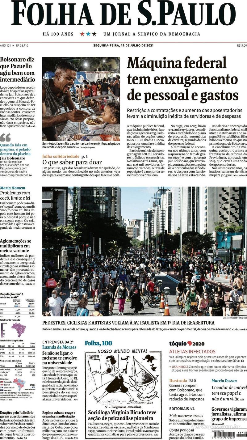 Capa do jornal Folha de S.Paulo 19/07/2021