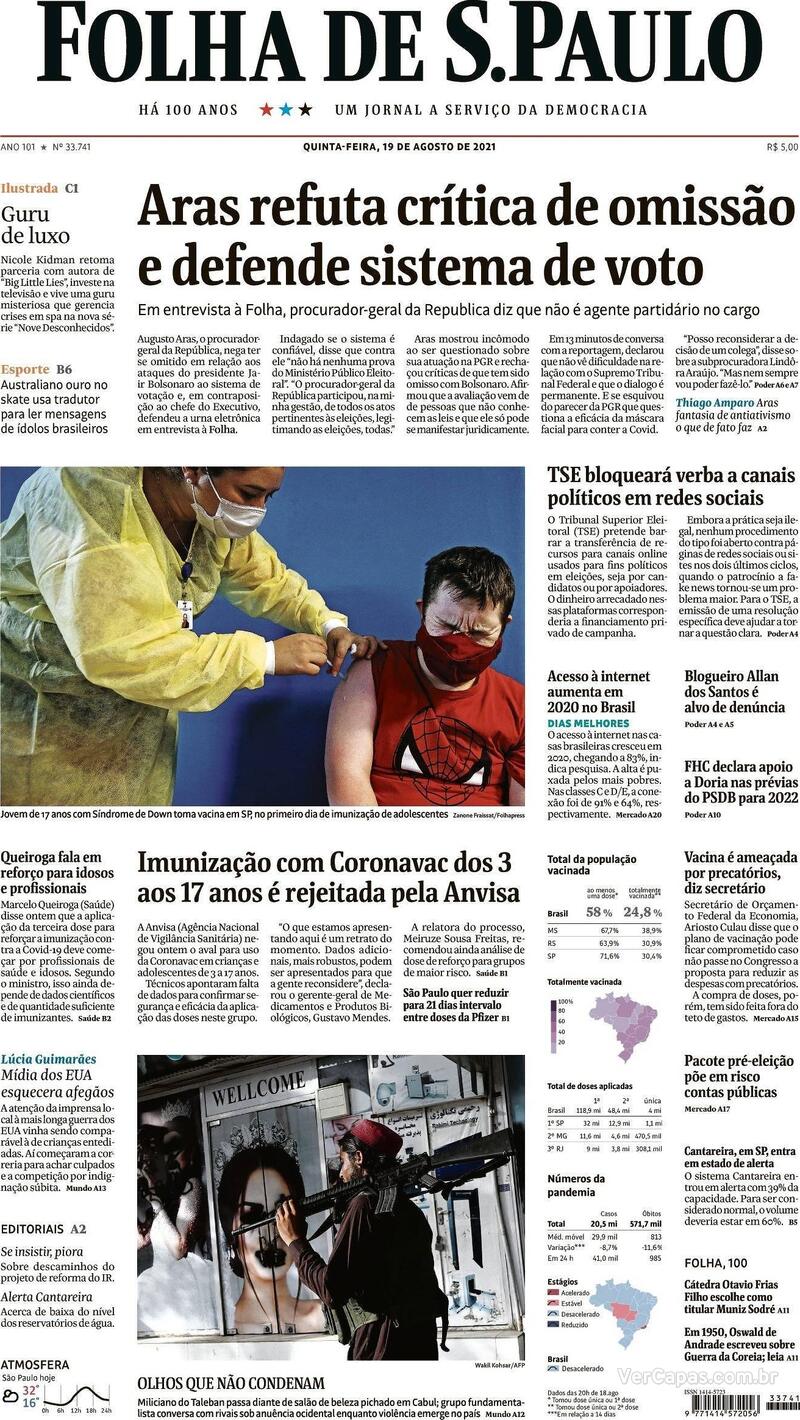 Capa do jornal Folha de S.Paulo 19/08/2021