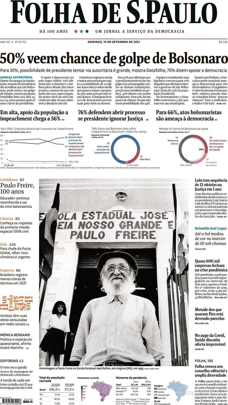 Capa do jornal Folha de S.Paulo 19/09/2021