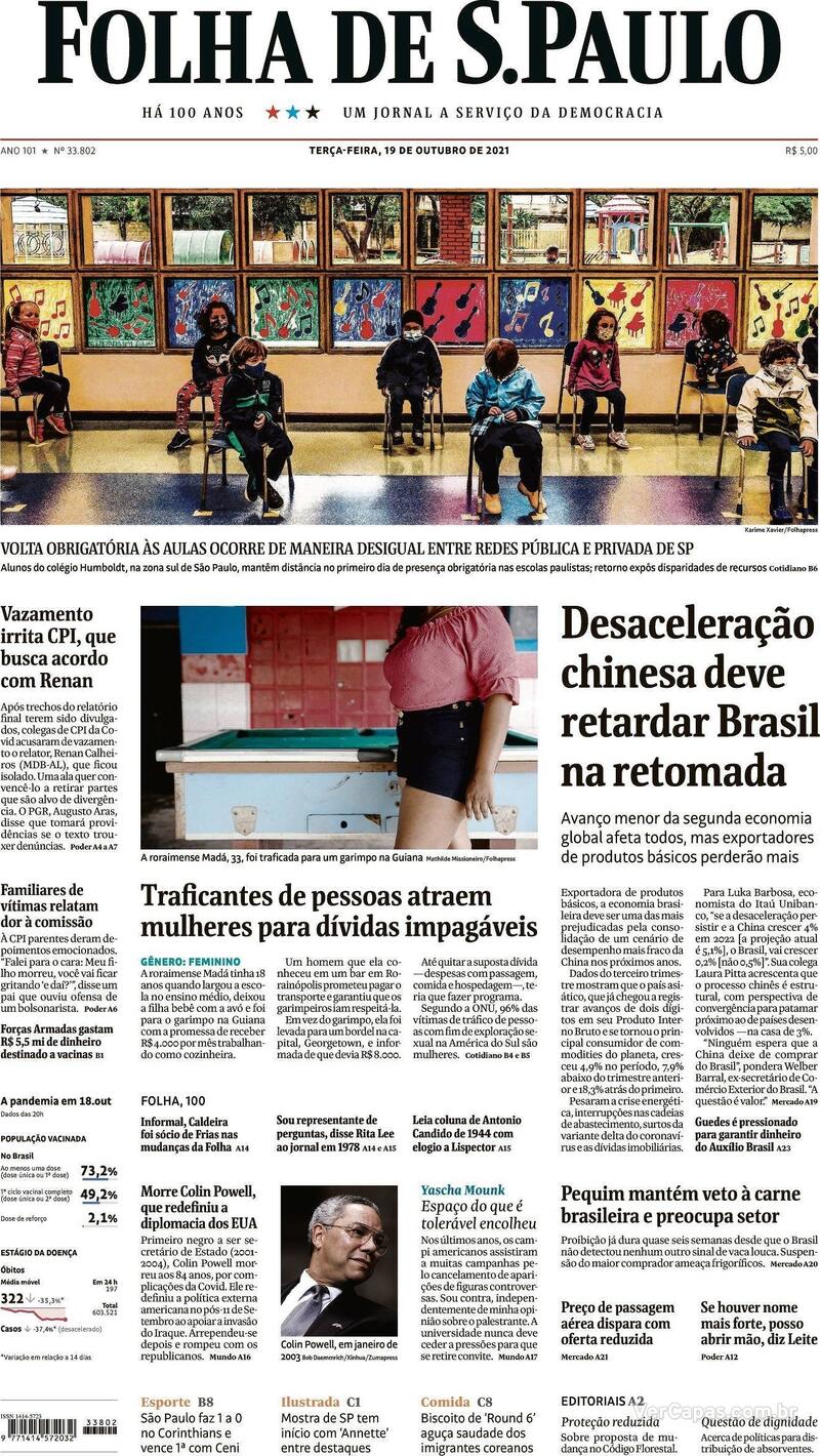 Capa do jornal Folha de S.Paulo 19/10/2021