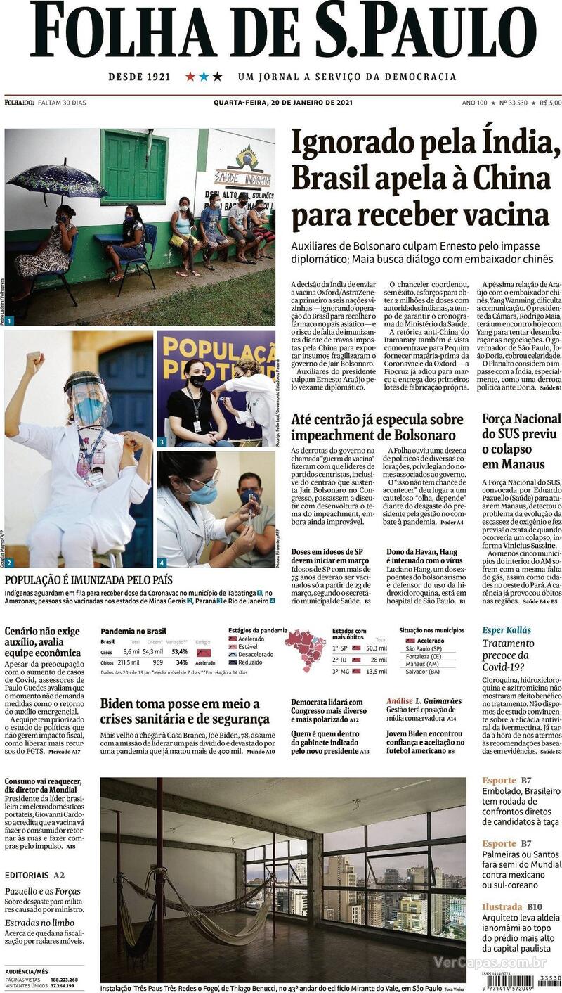 Capa do jornal Folha de S.Paulo 20/01/2021