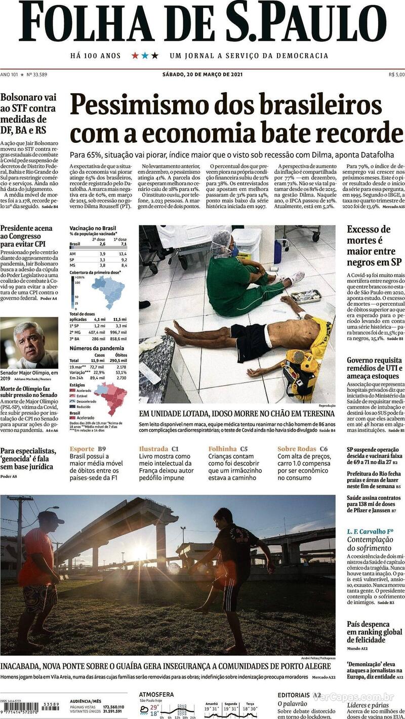 Capa do jornal Folha de S.Paulo 20/03/2021