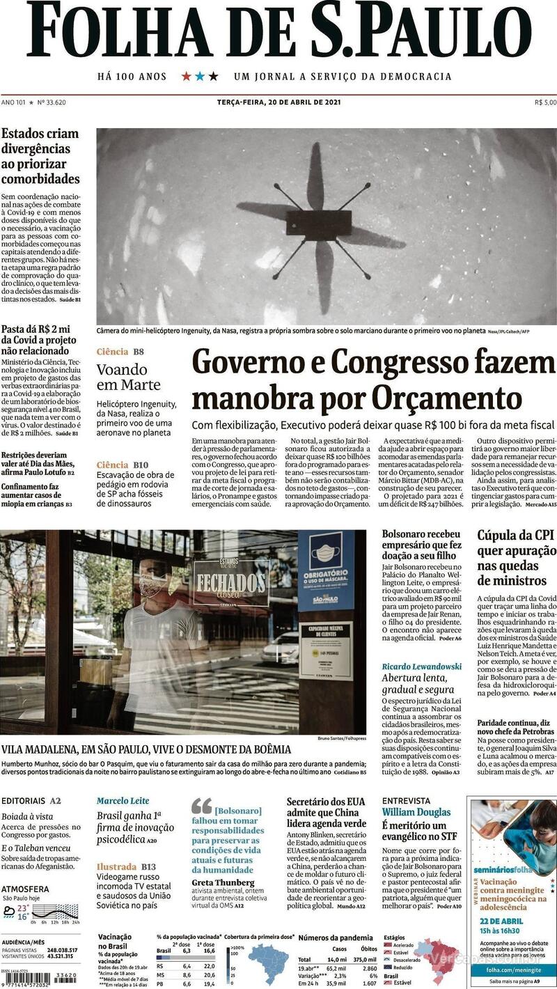 Capa do jornal Folha de S.Paulo 20/04/2021