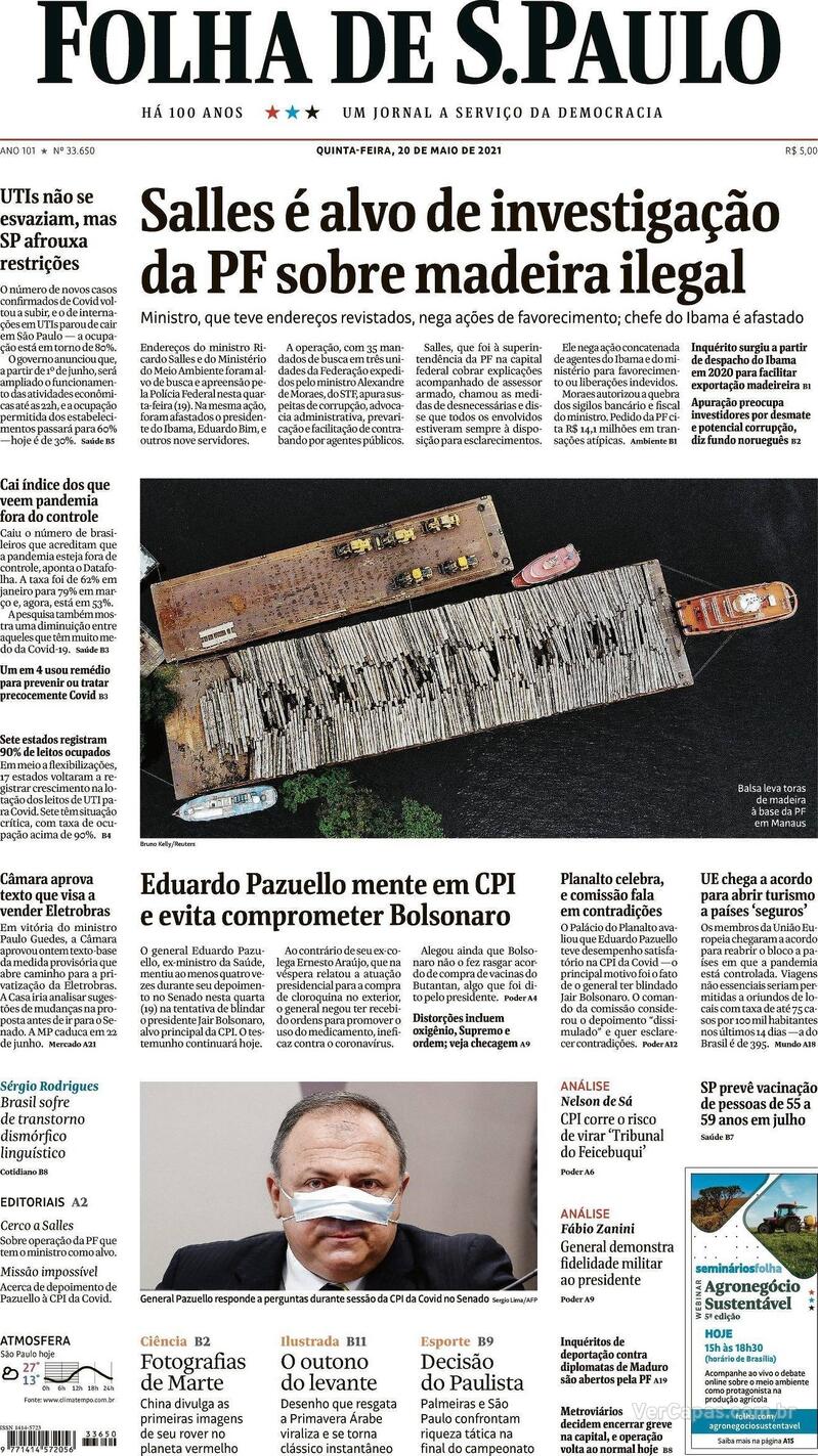 Capa do jornal Folha de S.Paulo 20/05/2021