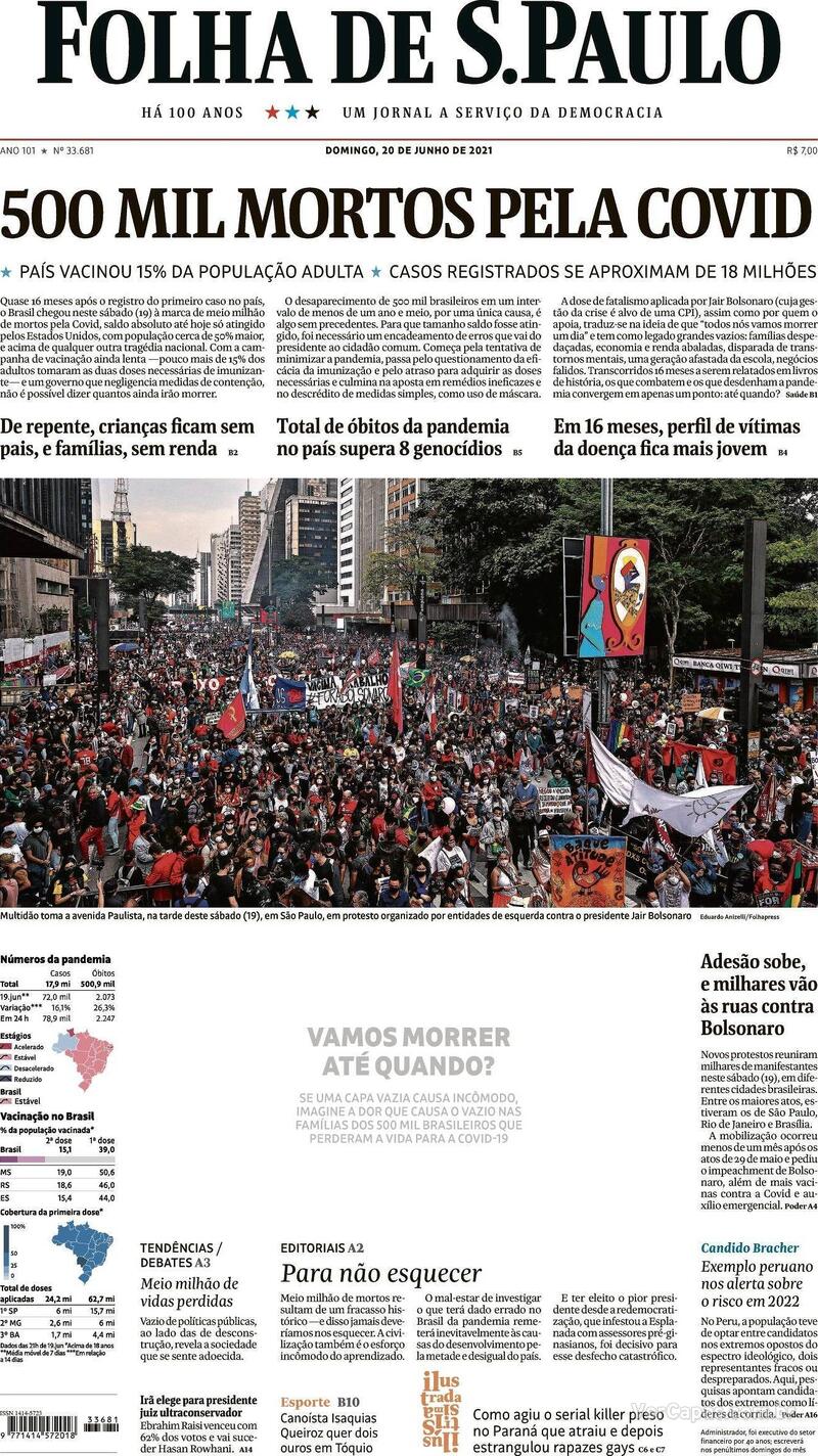 Capa do jornal Folha de S.Paulo 20/06/2021