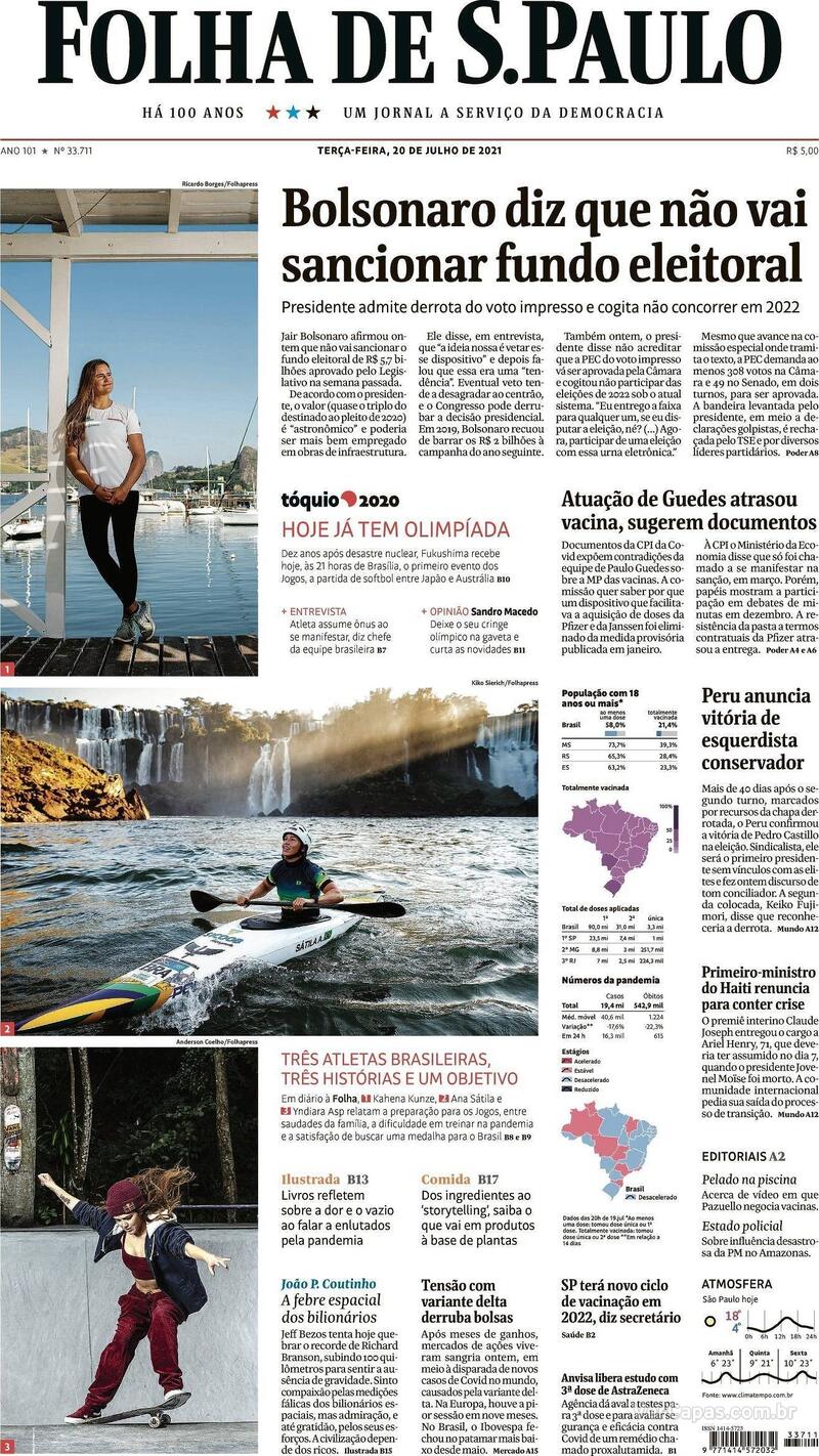 Capa do jornal Folha de S.Paulo 20/07/2021