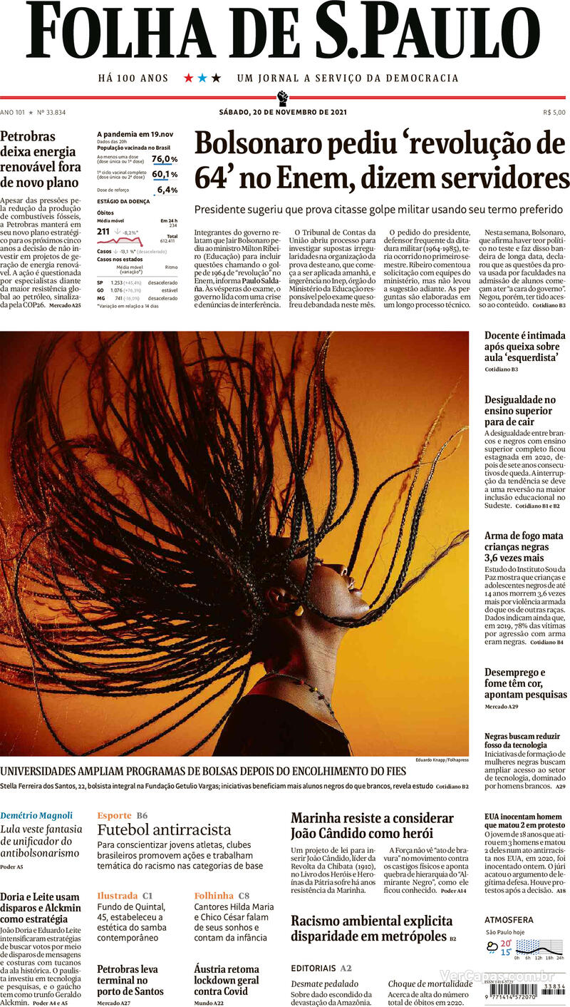 Capa do jornal Folha de S.Paulo 20/11/2021
