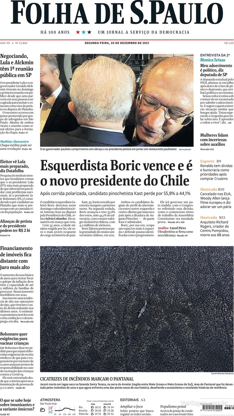 Capa do jornal Folha de S.Paulo 20/12/2021