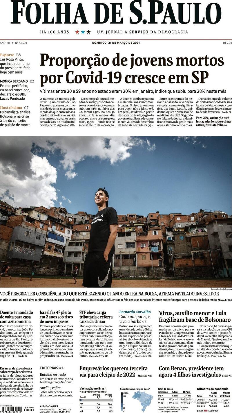 Capa do jornal Folha de S.Paulo 21/03/2021