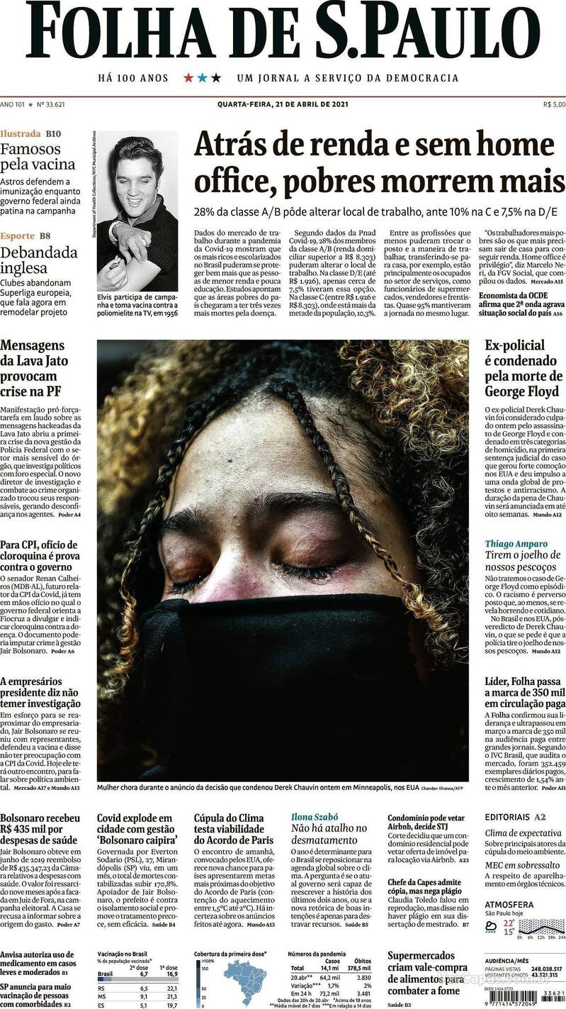 Capa do jornal Folha de S.Paulo 21/04/2021