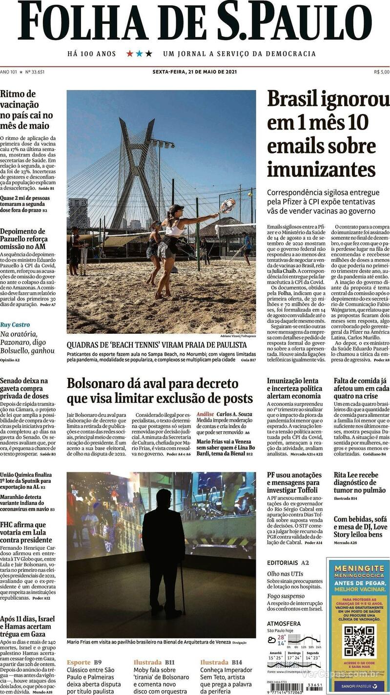 Capa do jornal Folha de S.Paulo 21/05/2021