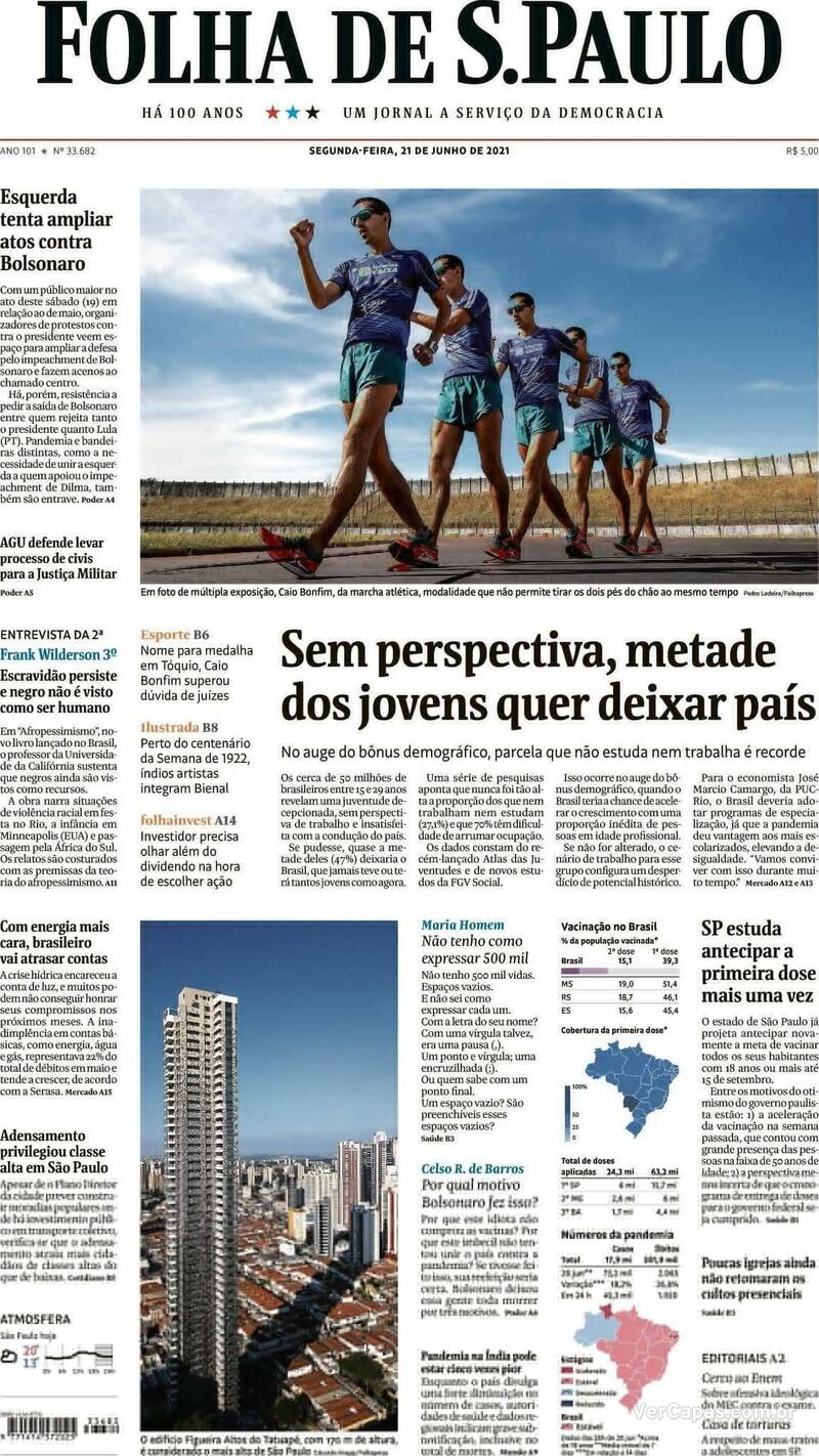 Capa do jornal Folha de S.Paulo 21/06/2021