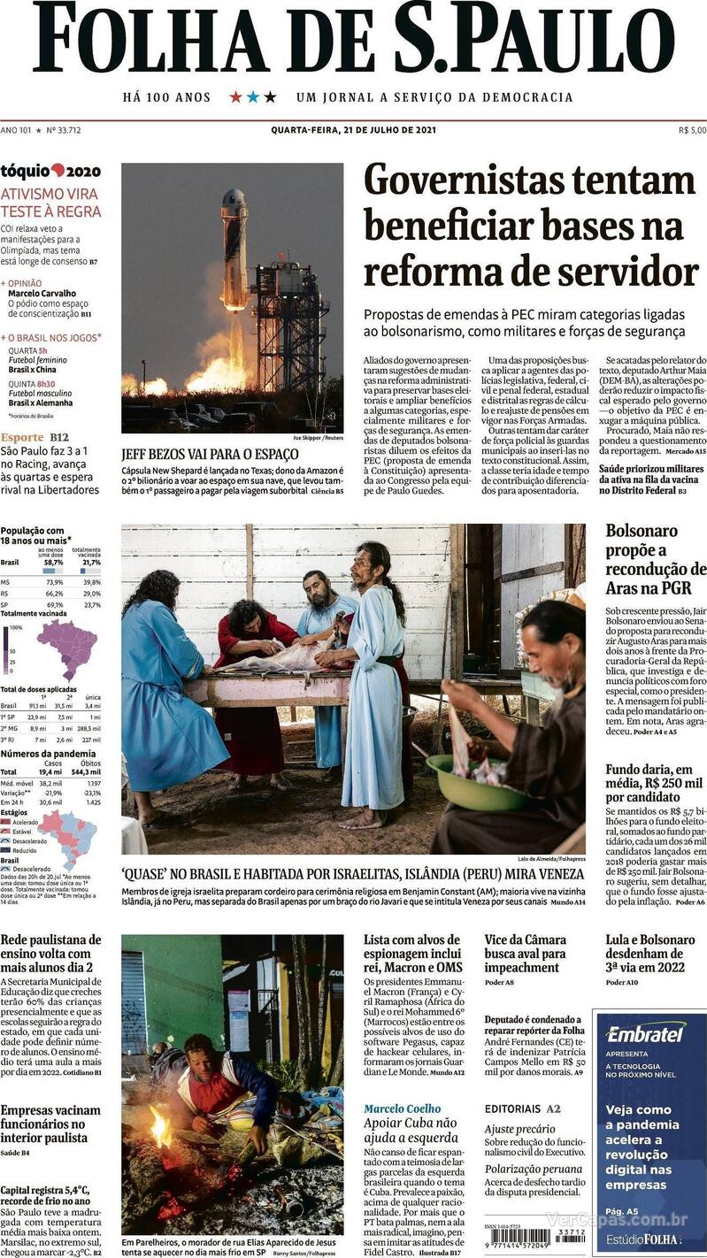 Capa do jornal Folha de S.Paulo 21/07/2021